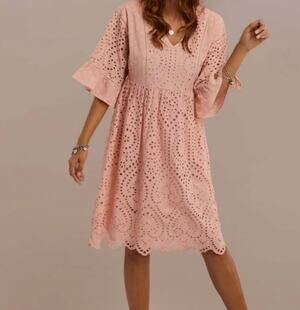 Roolee Falling For You Peach Eyelet Embroidered Midi Dress Small Boho Wedding